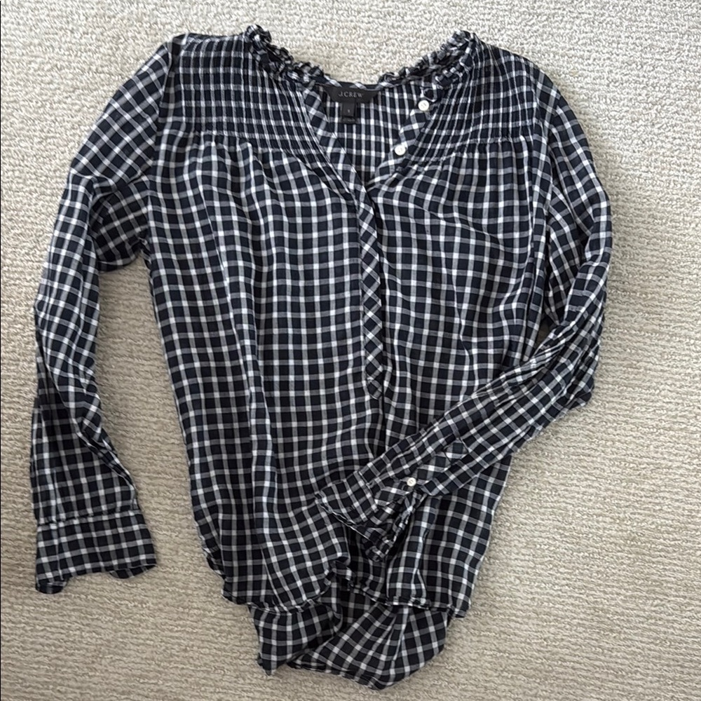 J. Crew Navy and White Gingham Ruffled Long Sleeve Blouse